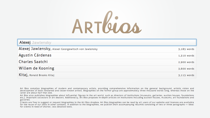 Artbios, bibliothèque de biographies d'artistes | Homepage
