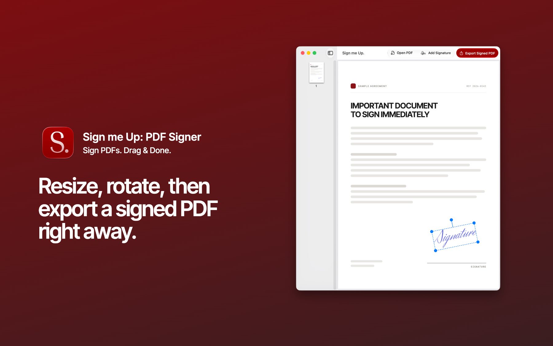 Resize, rotate, then export a signed PDF right away